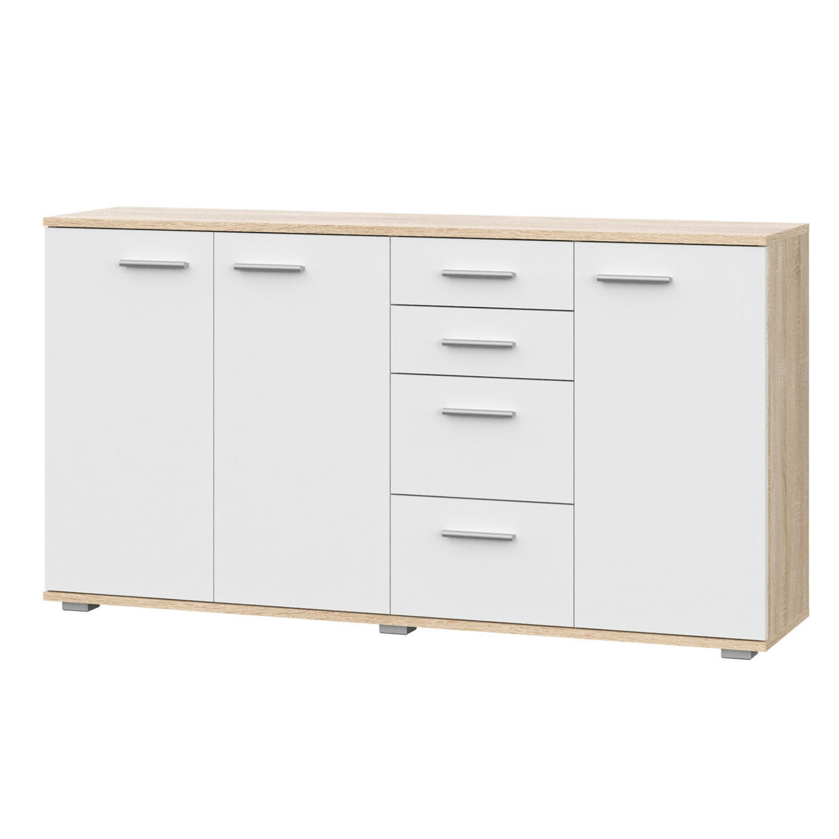 SIDEBOARD FAUSKE KOM3-3D4S Schubladen Eiche Sonoma Weiß - Silberfarben/Weiß, Holzwerkstoff/Kunststoff (138/74/34cm) - Komodee