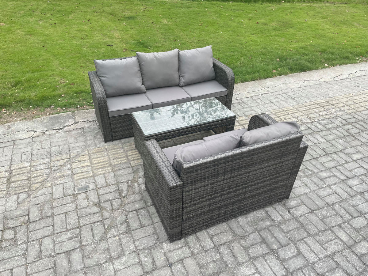 GARTENSOFA SET mit COUCHTISCH SOFA Polyrattan 5-Sitzer - Dunkelgrau/Grau, Glas/Kunststoff - Fimous
