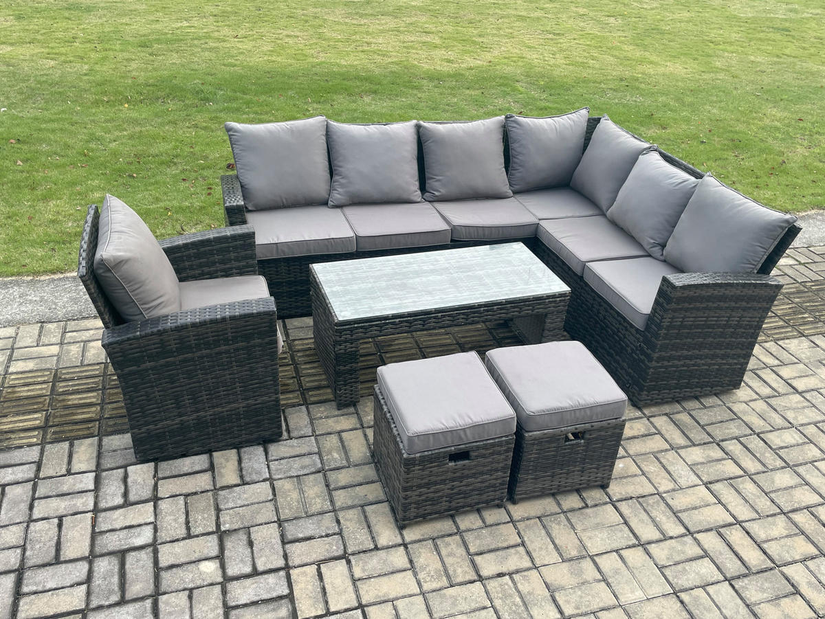 LOUNGEGARNITUR mit Couchtisch Sofa Polyrattan Dunkelgrau 9-Sitzer - Dunkelgrau/Grau, Glas/Kunststoff - Fimous