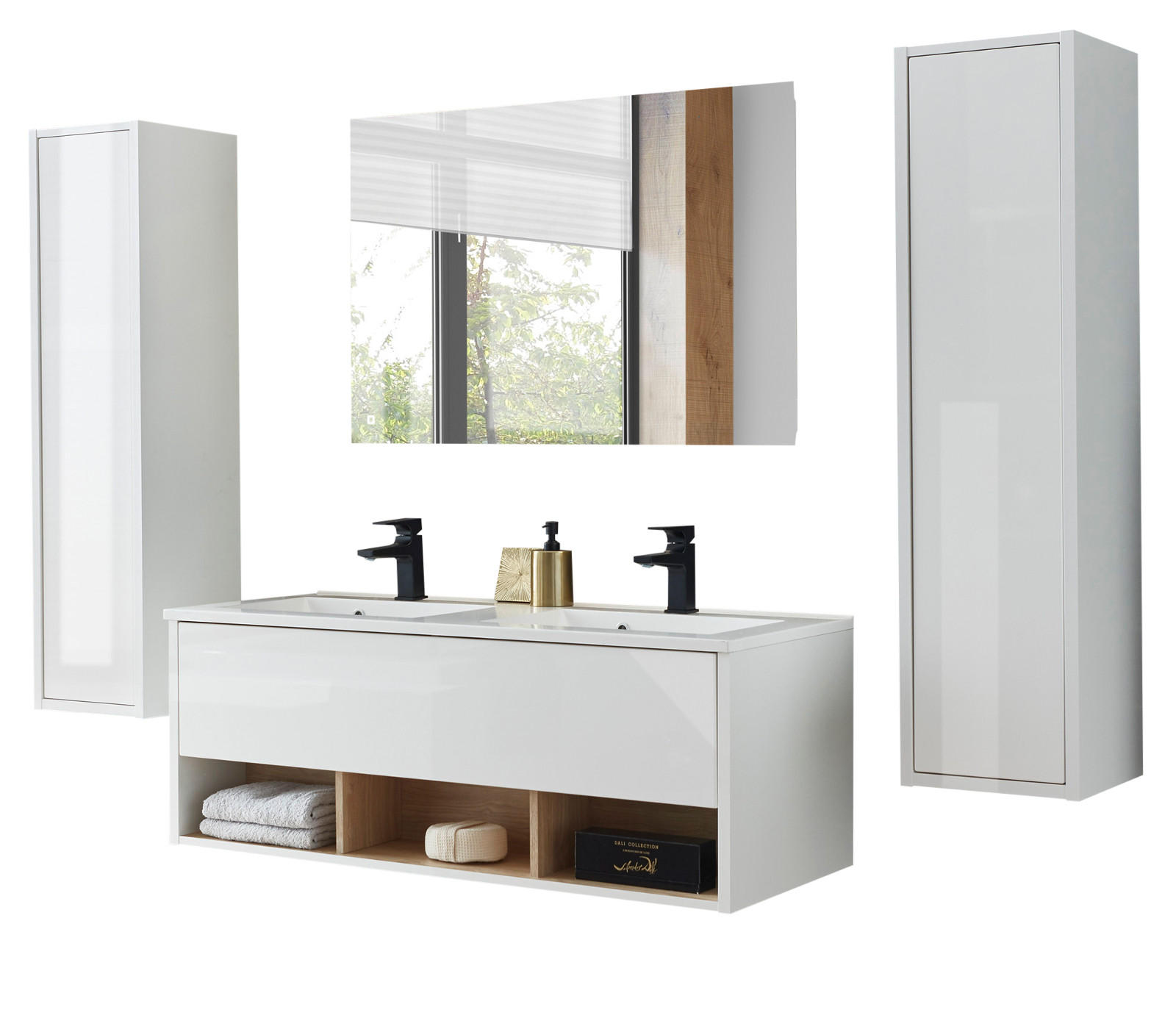 BADMÖBEL Set in weiß Hochglanz und Eiche mit Doppelwaschbecken und LED Beleuchtung 200 x 190 cm Glide - Weiß Hochglanz/Eichefarben, Glas/Holzwerkstoff (200/190/47cm) - Furn.Design