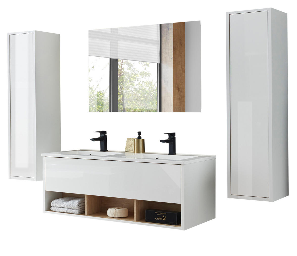 BADMÖBEL Set in weiß Hochglanz und Eiche mit Doppelwaschbecken und LED Beleuchtung 200 x 190 cm Glide - Weiß Hochglanz/Eichefarben, Glas/Holzwerkstoff (200/190/47cm) - Furn.Design