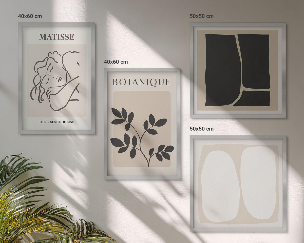 WANDBILDER 4er Set - 50x50 cm & 40x60 cm Silberner Rahmen - Matisses stilvolle Pflanzenbilder - Silberfarben, Kunststoff (50/50cm) - ArtPrintCave