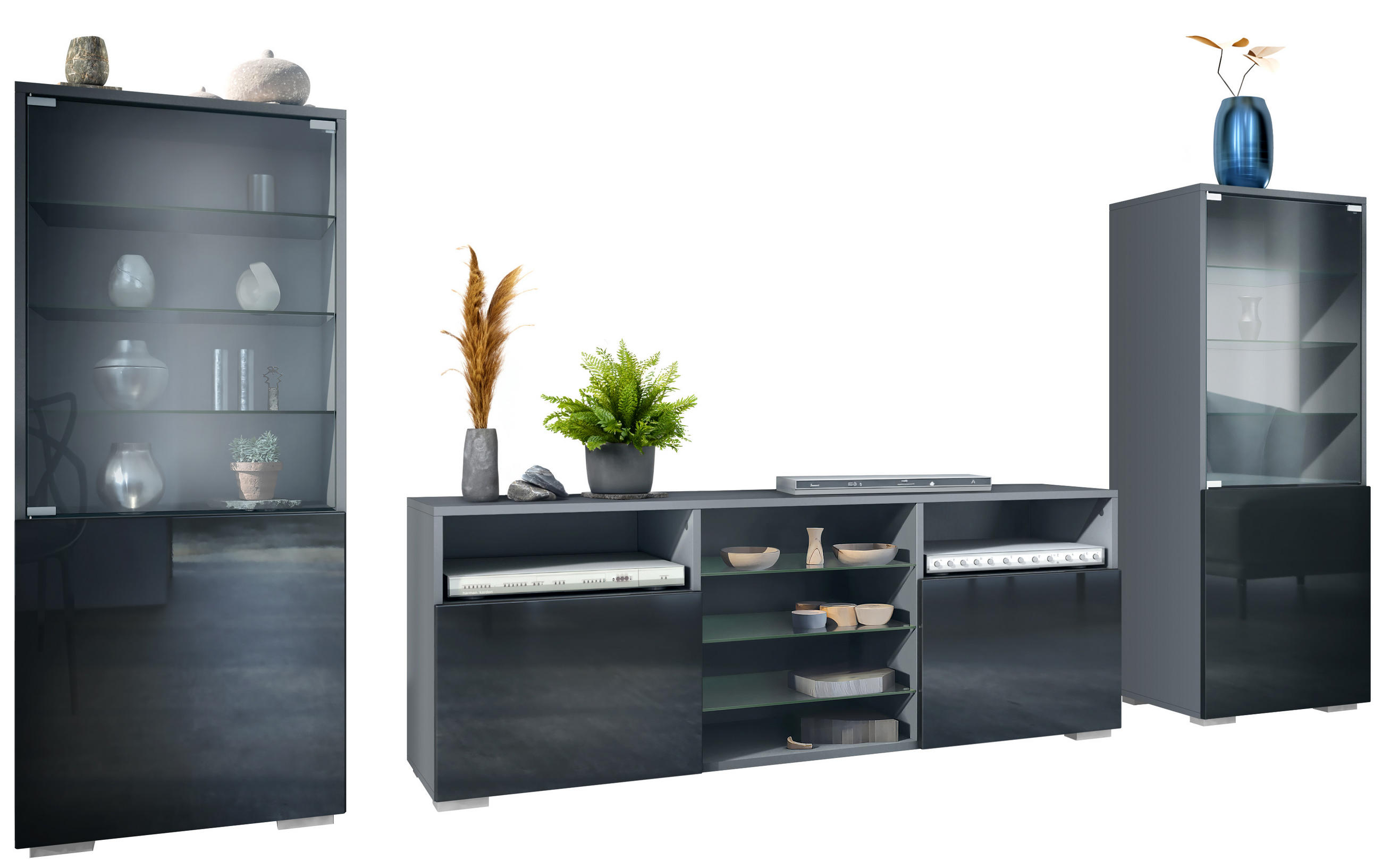 Vladon Wohnwand Schwarz Hochglanz 286x122.5x35 cm