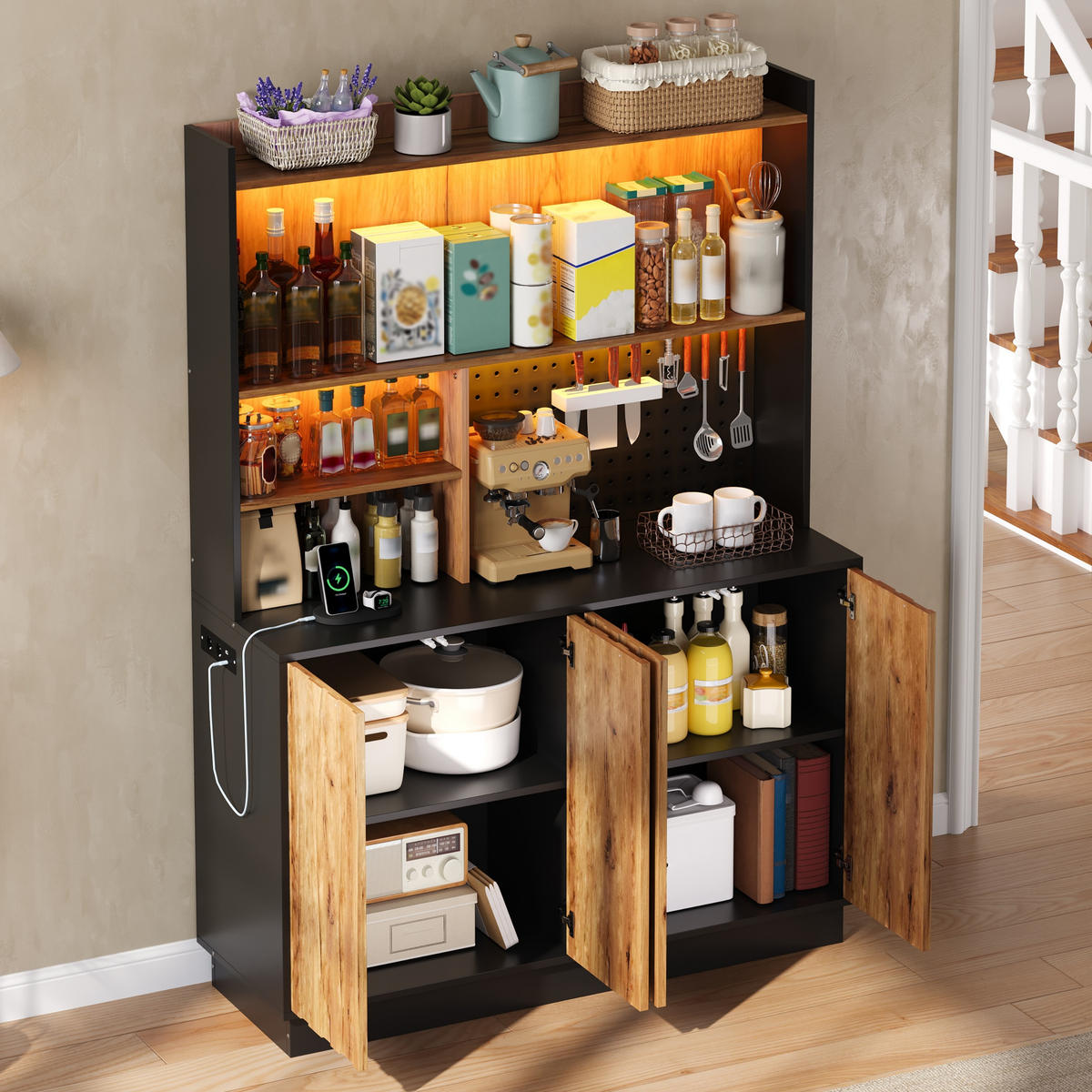 BUFFET DE-38743 120/43/160 cm LED-Beleuchtung und Lochwand Natur - Naturfarben, Holzwerkstoff (120/160/43cm) - ComfortXL