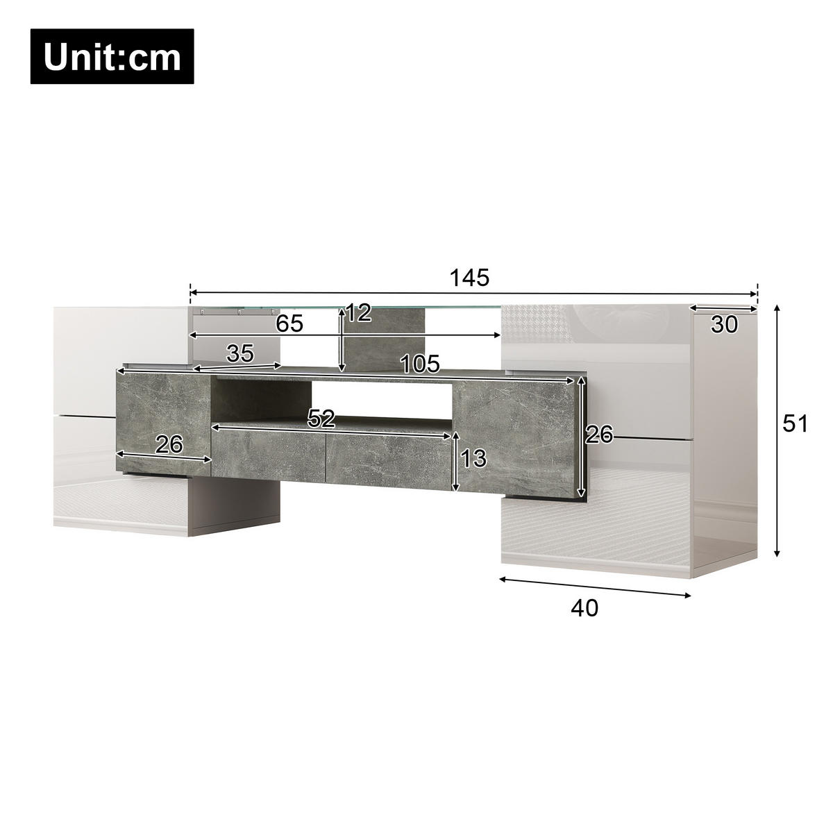 TV-SCHRANK in Hochglanz Weiß/Beton mit LED, 6 Türen und 2 Schubladen 145/30/51 cm - Weiß, Holzwerkstoff (145/51/30cm) - Redom