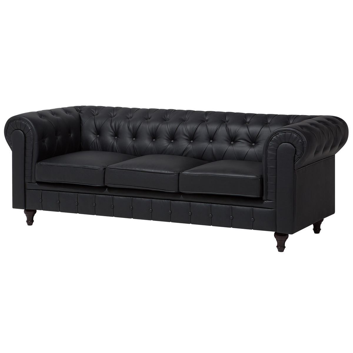3-SITZER-SOFA Kunstleder Schwarz Chesterfield - Schwarz, Kunststoff/Textil (222/78/85cm) - Beliani