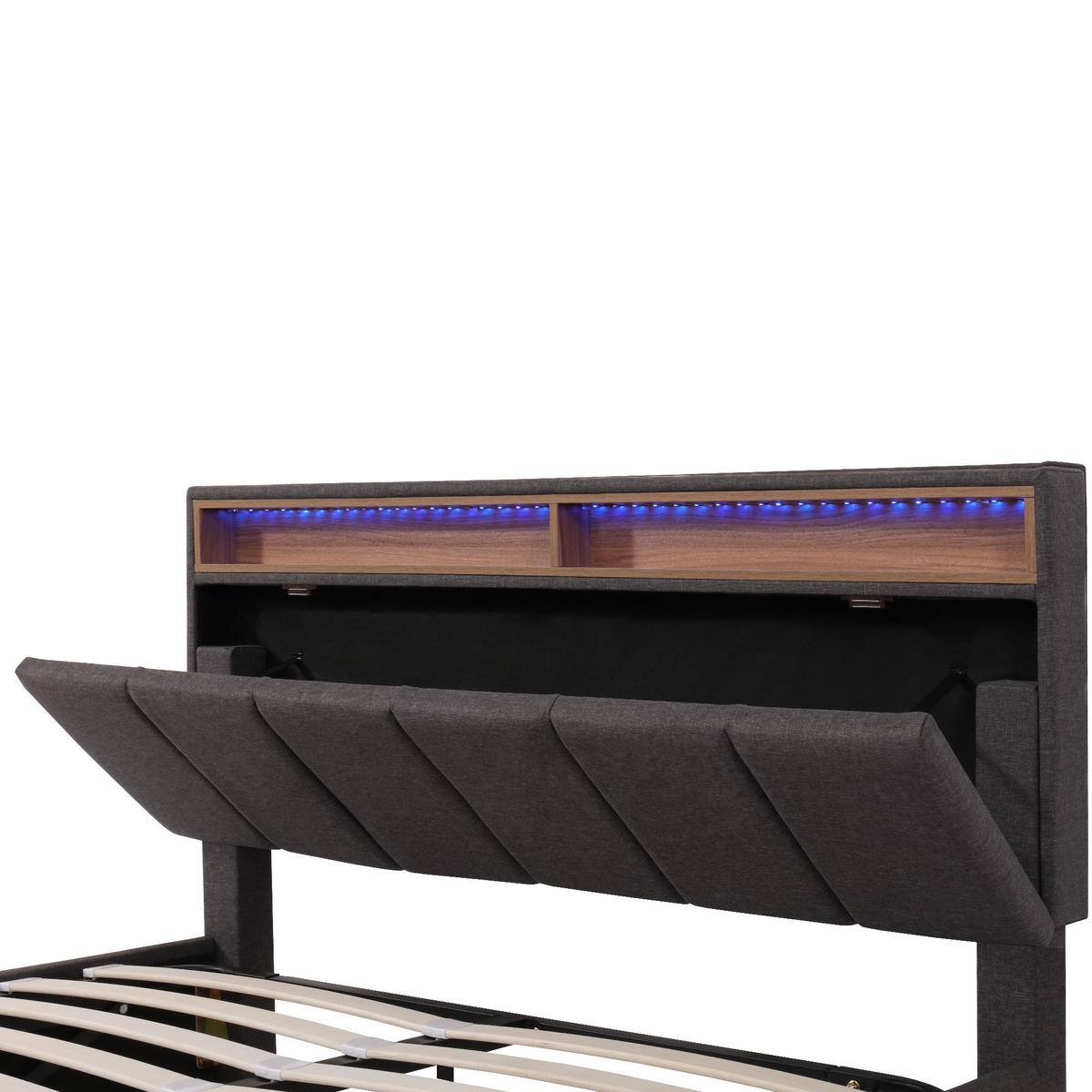 POLSTERBETT 140x190 cm LED Schubladen Kopfteil Lattenrost Leinen grau - Grau, Holz (140/190cm) - LEBENLANG