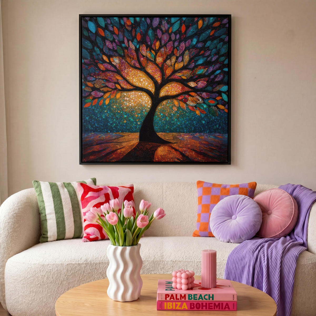 LEINWAND Bilder mit Rahmen - Mosaik - Bunt - Baum - Äste - 90x90 - Multicolor, Textil (90/90cm) - MuchoWow
