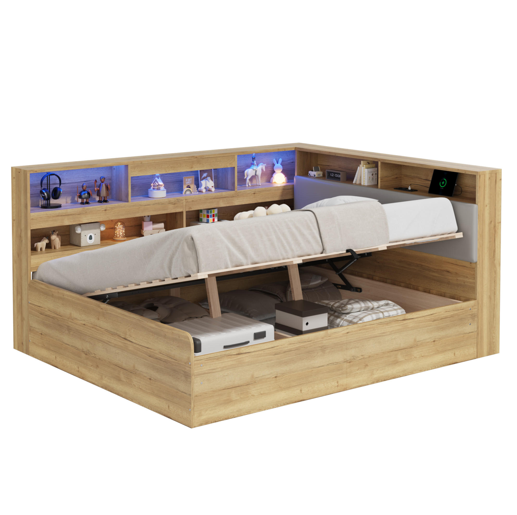 JUGENDBETT 140/200 cm natur aus MDF mit Stauraum und LED - Naturfarben, Holzwerkstoff (140/200cm) - OKWISH