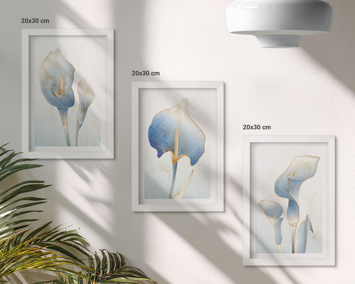 BILDER SET 3er Set - 20x30 cm Weißer Rahmen - Blaue Blumen im Hintergrund - Weiß, Kunststoff (20/30cm) - TULUP