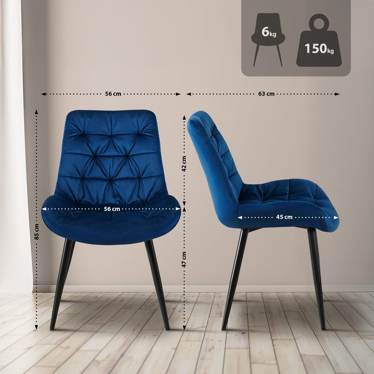 ESSZIMMERSTUHL Samt dunkelblau - Schwarz/Dunkelblau, Textil/Metall (56/85/63cm) - CLP