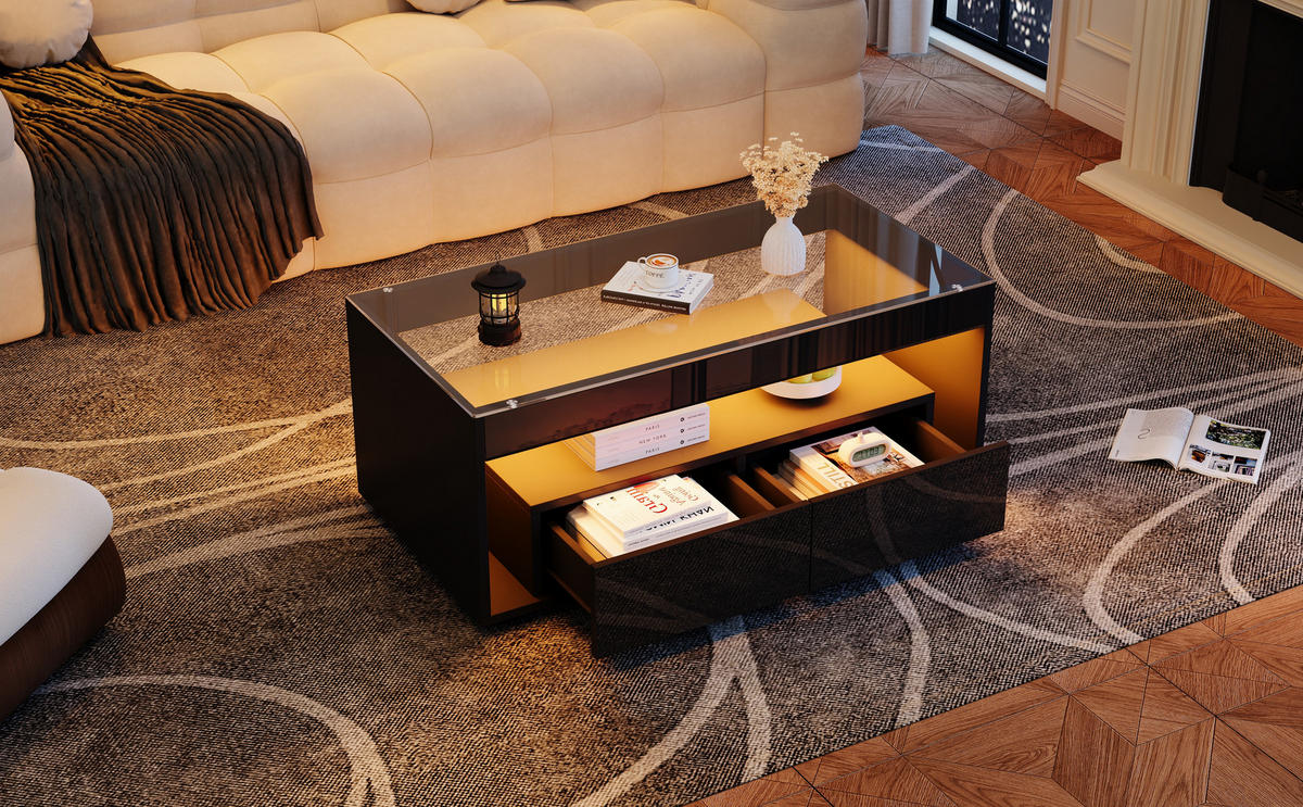 COUCHTISCH in Schwarz Kaffeetisch mit 2 Schubladen und LED-Licht für Wohnzimmer, B100/T50/H40cm - Schwarz, Glas/Holzwerkstoff (50/100/40cm) - STILVORA