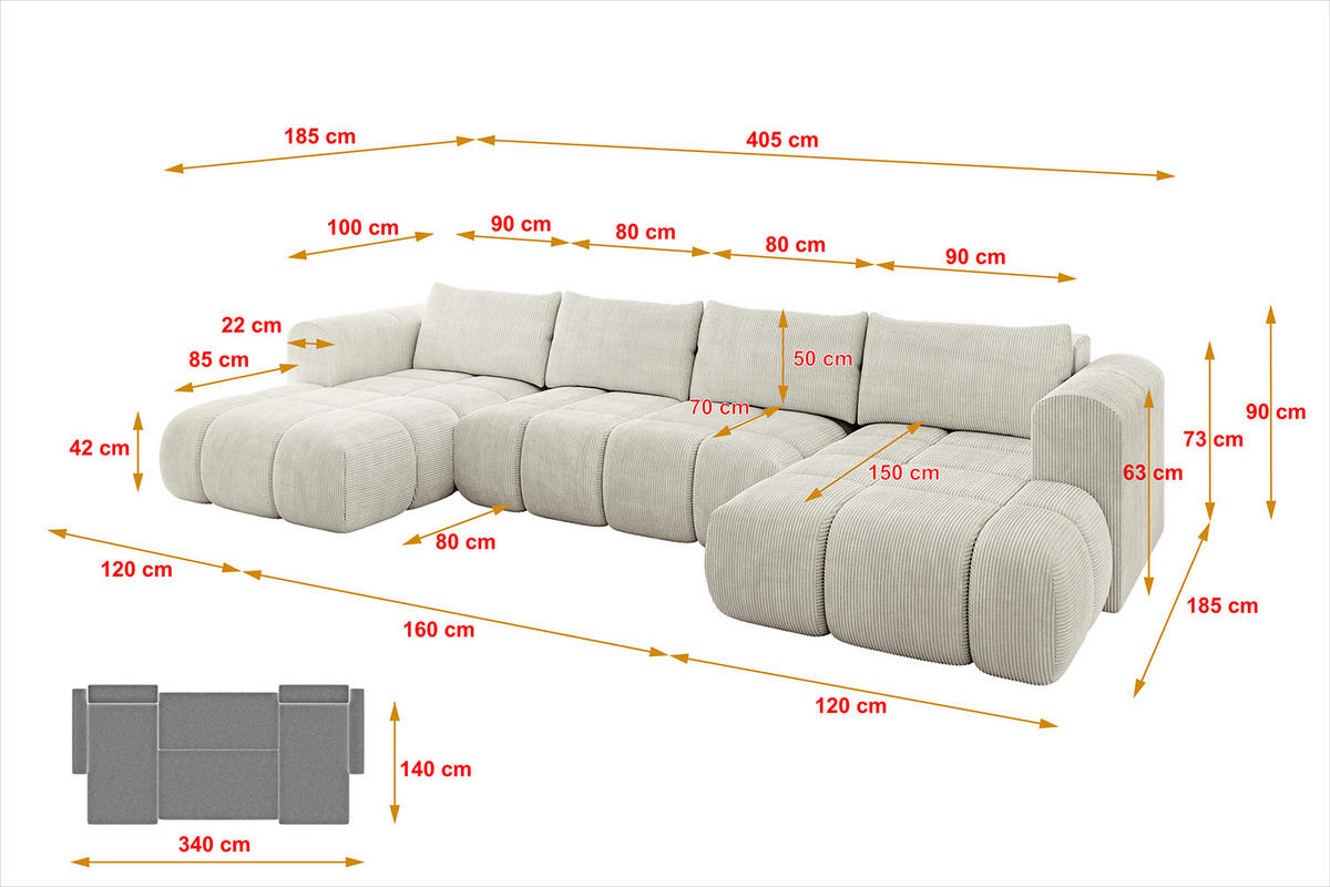 WOHNLANDSCHAFT Ottomane Links CLOUD-U 405x185x90 Hellgrau Cord - Hellgrau, Holzwerkstoff/Kunststoff (405/90/185cm) - ALTDECOR