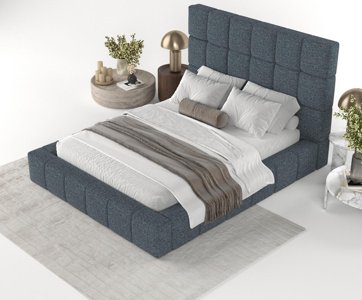 POLSTERBETT Skiathos mit Stauraum 180/200 cm Marineblau im Modesto Stoff - Schwarz/Naturfarben, Holz/Holzwerkstoff (180/200cm) - AltaBeds