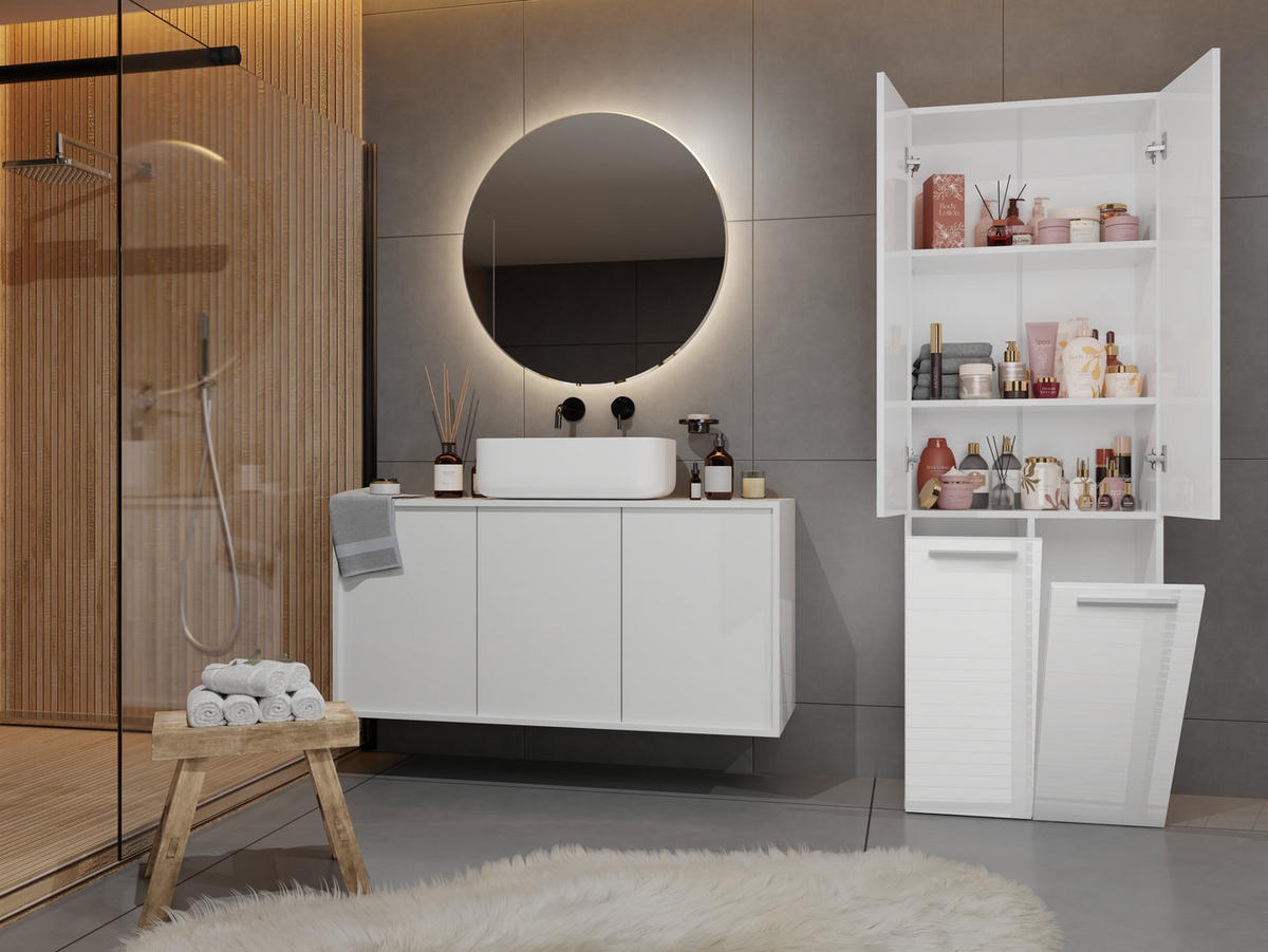 BAD Hochschrank Berta - Weiß Hochglanz/Weiß, Holzwerkstoff (60/174/30cm) - kommodly