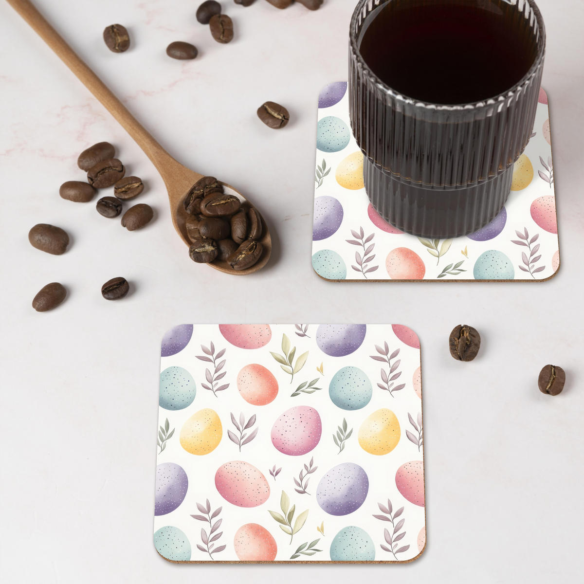 GLASUNTERSETZER 6er-Set Eier - Bunt - Muster 10x10 cm - Weiß, Naturmaterialien (10/0.2cm) - MuchoWow