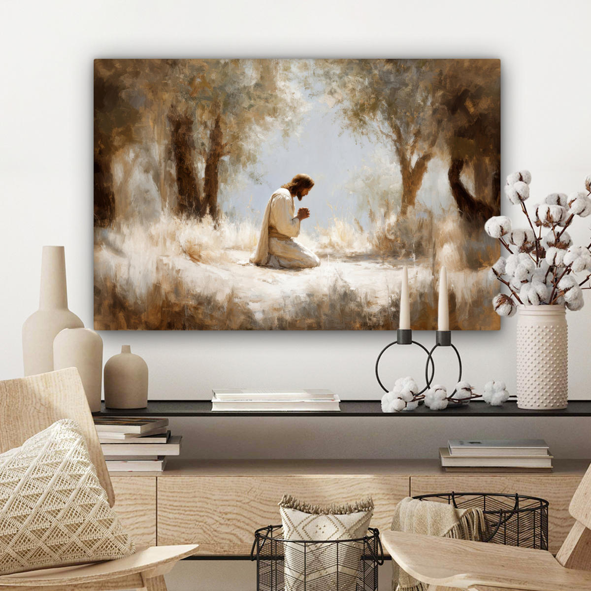 LEINWANDBILD Jesus - Kniend - Waldlandschaft - Betend Gemälde 60x40 cm - Beige/Hellblau, Textil (60/40cm) - MuchoWow
