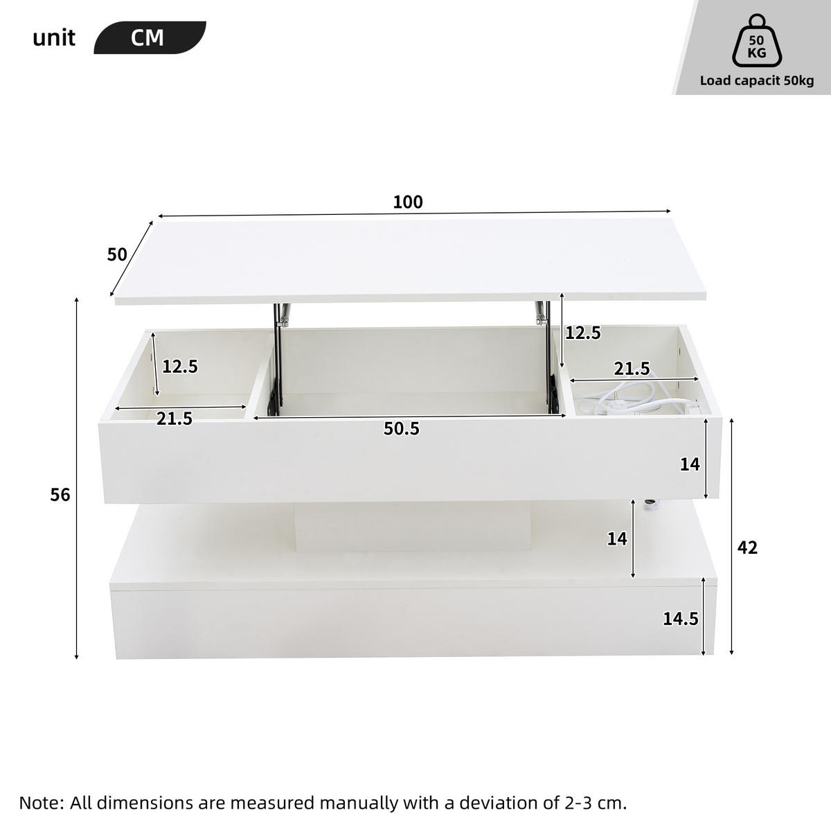 COUCHTISCH, höhenverstellbar mit LED, verstecktem Stauraum und integrierten EU‑Steckdosen, 100/50/42 cm, weiß - Weiß, Holzwerkstoff (100/50/42cm) - Redom