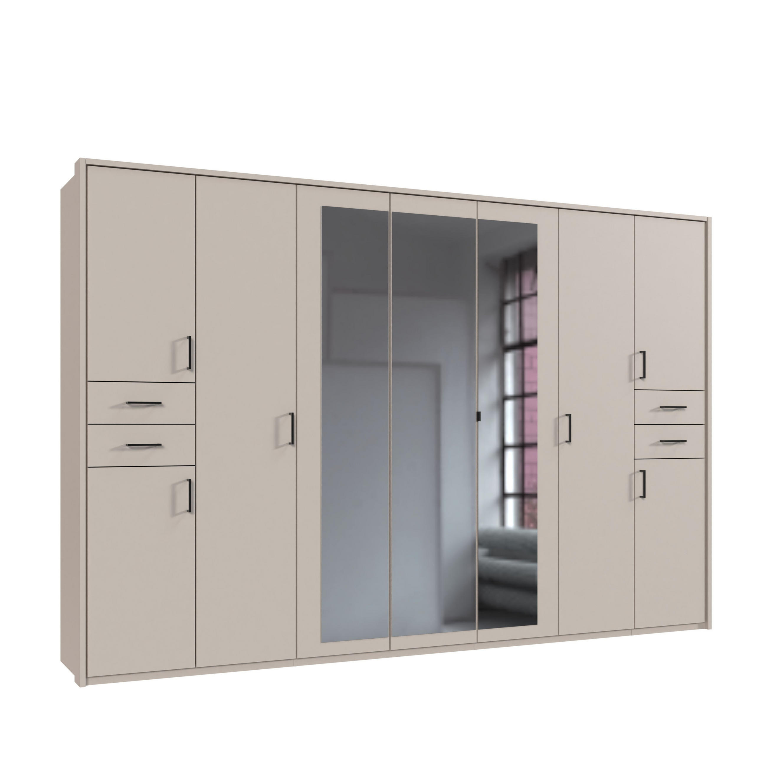 luma-home SKŘÍŇ S OTOČNÝMI DVEŘMI Š313/V210/H58 cm, béžovo-šedá, s paspartou, 3 zrcadlovými dveřmi a zásuvkami, černé úchytky / 22586