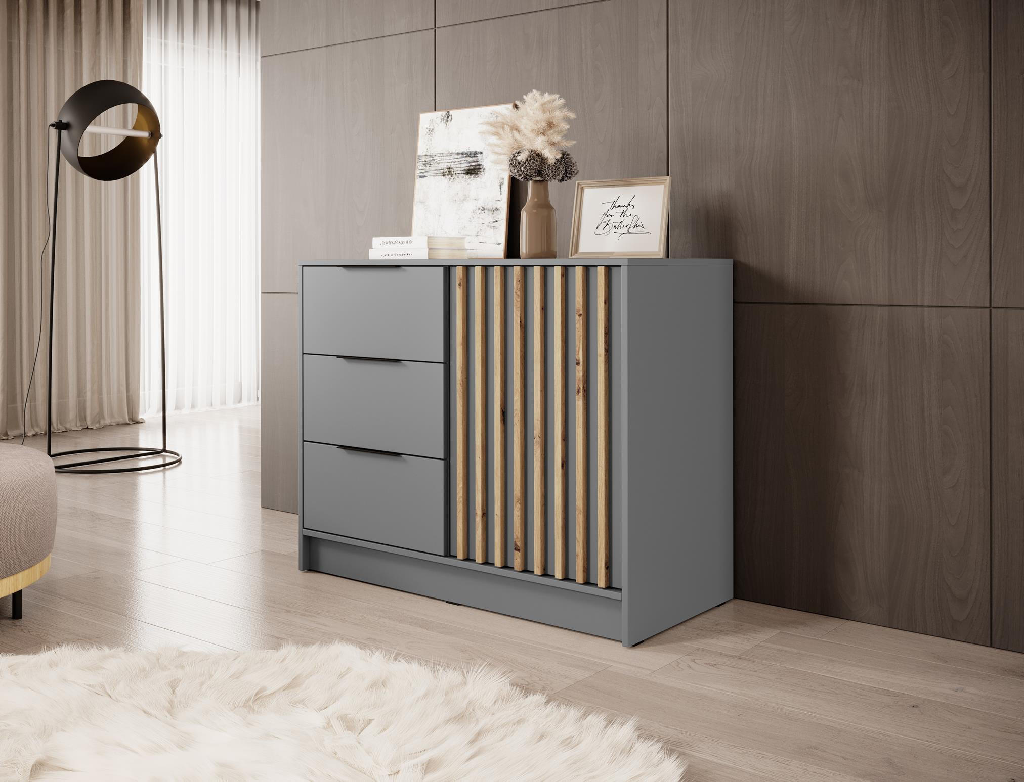 KOMMODE Nelly 3D Graphit, Zweitürig mit Schubladen - Grau, Holzwerkstoff (105/86/45cm) - Bettso