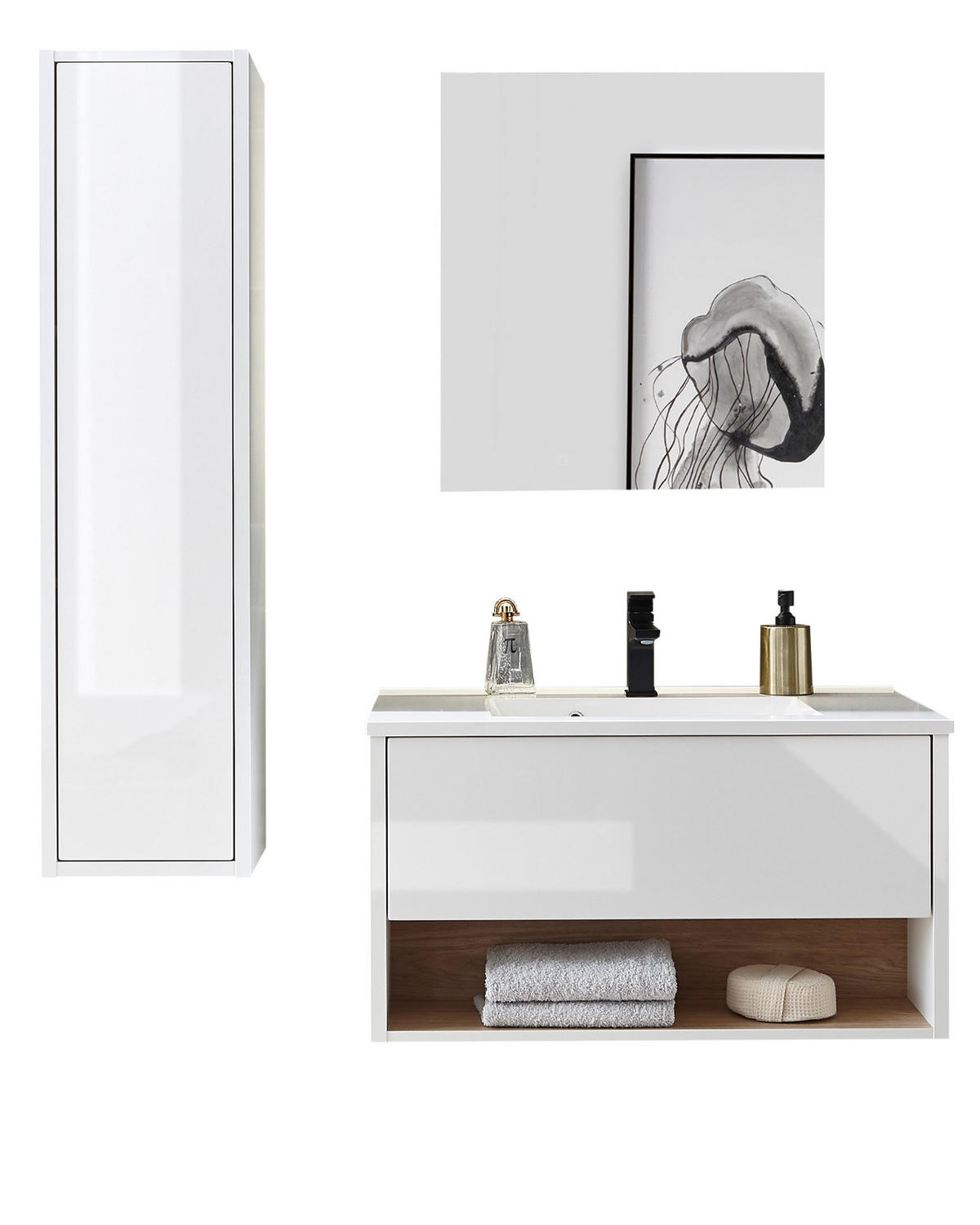 BADMÖBE-SET weiß Hochglanz, Eiche 3-teilig 120 cm, Komplettset mit Waschbecken, LED Beleuchtung - Weiß Hochglanz/Eichefarben, Glas/Holzwerkstoff (120/190/47cm) - Furn.Design