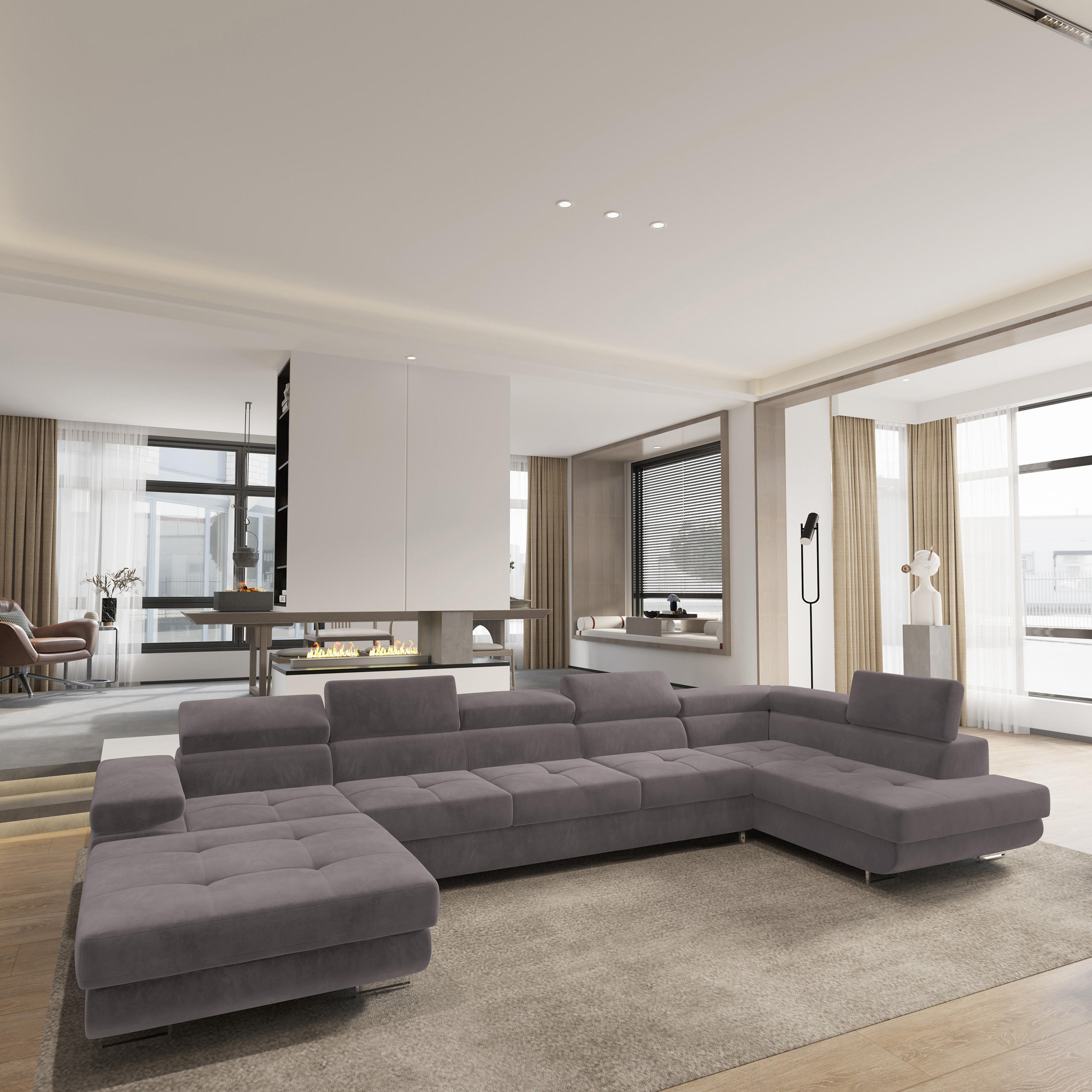 WOHNLANDSCHAFT TORIVA R-S Lila Velours-Stoff mit Schlaffunktion - Lila, Holz (418/90/202cm) - MASSENO