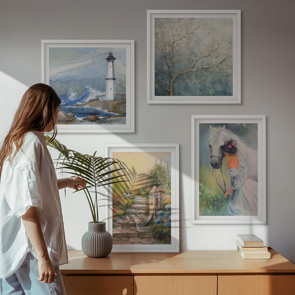 BILDER SET 4er Set - 50x50 cm & 40x60 cm Weißer Rahmen - Leuchtturm, Landschaft, Mädchen, Pferd - Weiß, Kunststoff (50/50cm) - TULUP