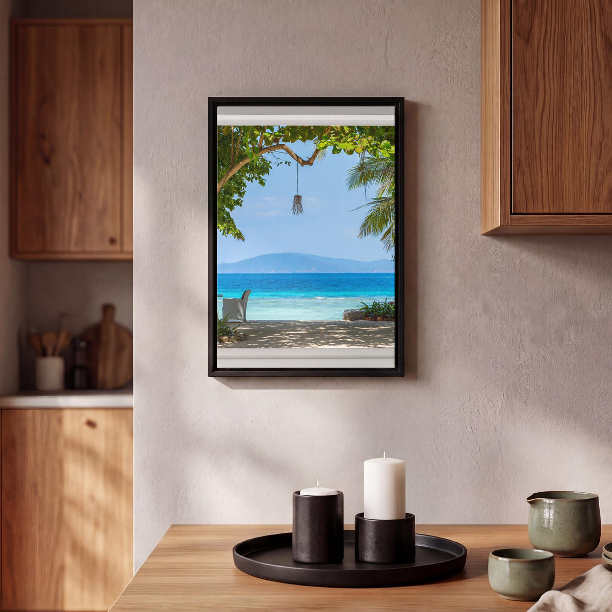 LEINWAND Bilder mit Rahmen - Aussicht - Baum - Meer - Palme - Hügel - Strand - Blau - 20x30 - Blau, Textil (20/30cm) - MuchoWow