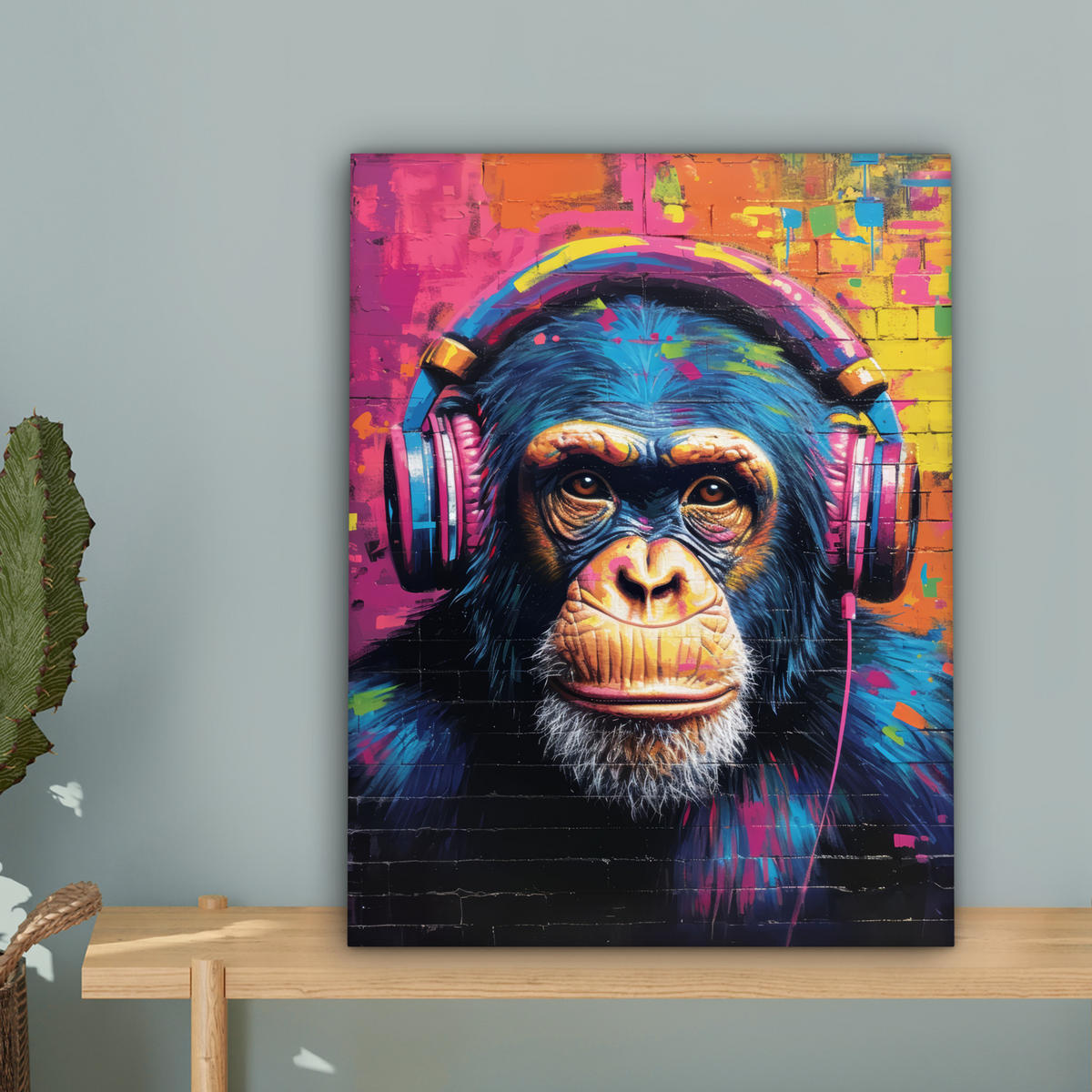 LEINWANDBILD Graffiti - Schimpanse - Straßenkunst - Kopfhörer - Affe Room Decor 30x40 cm - Blau, Textil (30/40cm) - MuchoWow