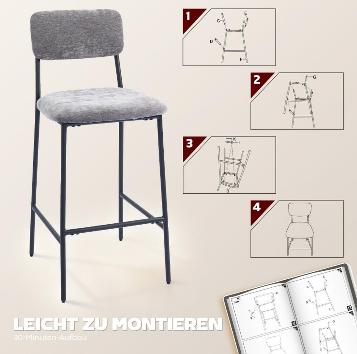 BARSTUHL 2er-Set mit Rückenlehne 45,5 x 48 x 101 cm Grau - Grau, Metall (45.5/101/48cm) - Meubliv