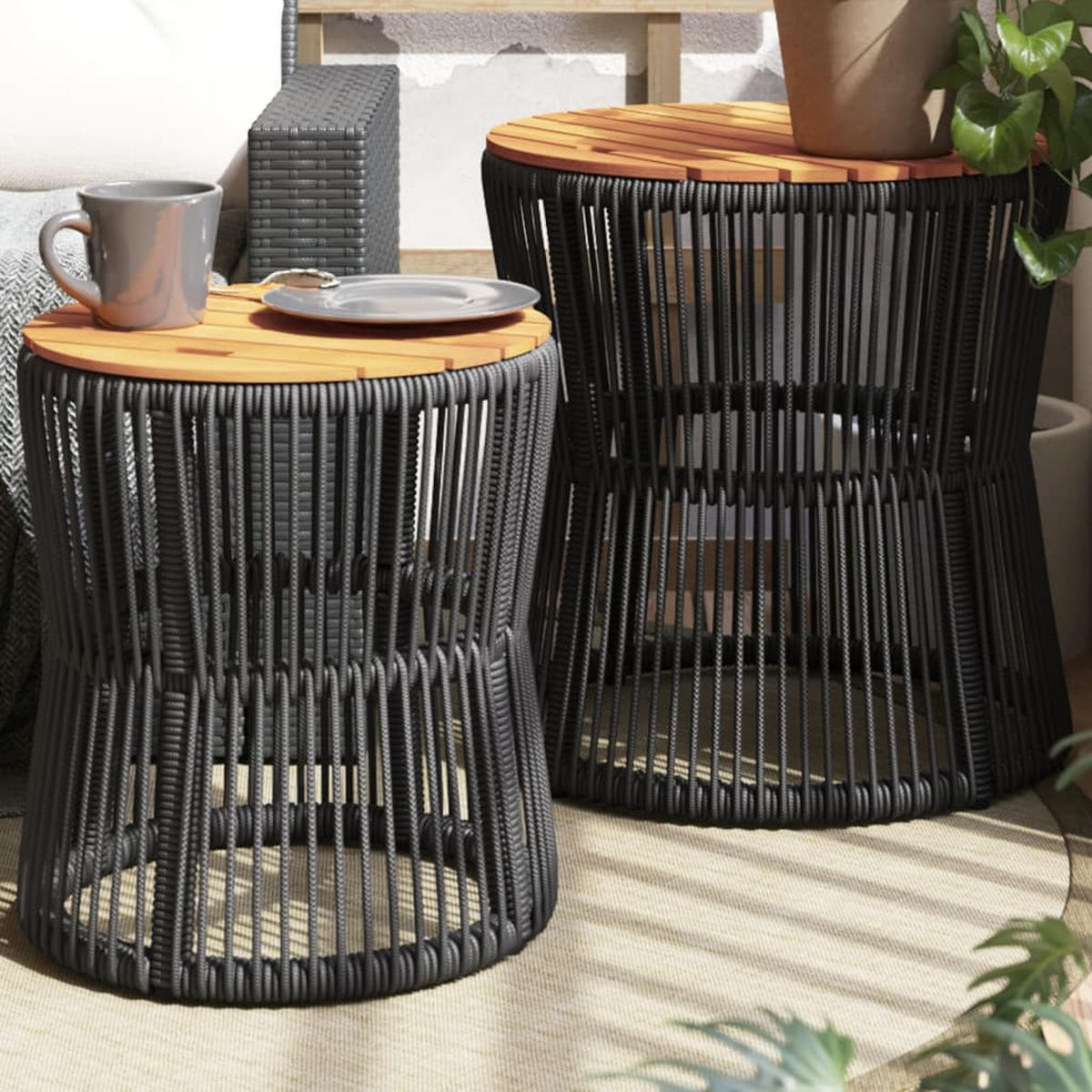 GARTEN-BEISTELLTISCHE 2 Stk. Mit Holzplatte Schwarz Poly Rattan - Schwarz, Kunststoff (50/50/50cm) - vidaXL