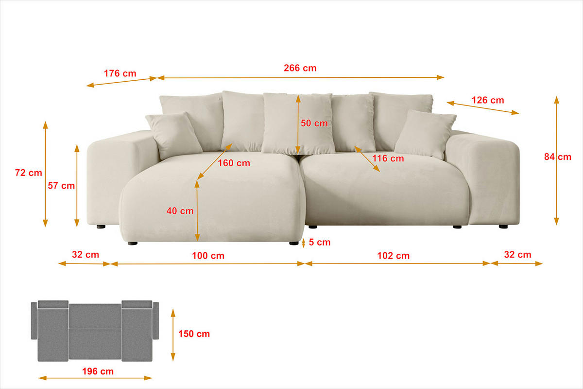 ECKSOFA Ottomane rechts ESKAR-L 266x176x84 Cappuccino Velours - Schwarz/Cappuccino, Holzwerkstoff/Kunststoff (176/266cm) - ALTDECOR