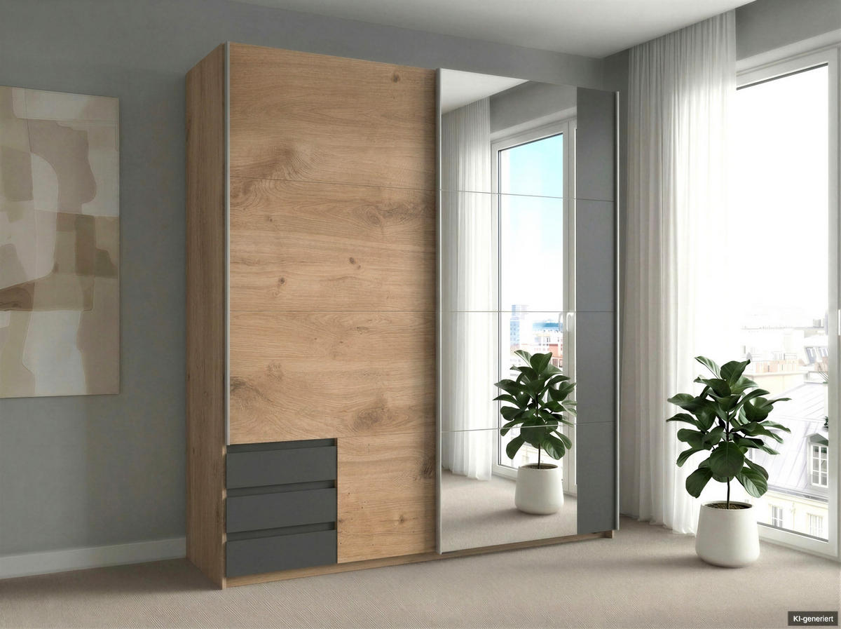 SCHWEBETÜRENSCHRANK 2-türig B179/H198/T65 cm, Kleiderschrank in Eiche Dekor mit Spiegel, 1x Tür & sichtbare Schubkästen in Grafit / 22706 - Eichefarben/Alufarben, Holz/Holzwerkstoff (179/198/65cm) - luma-home