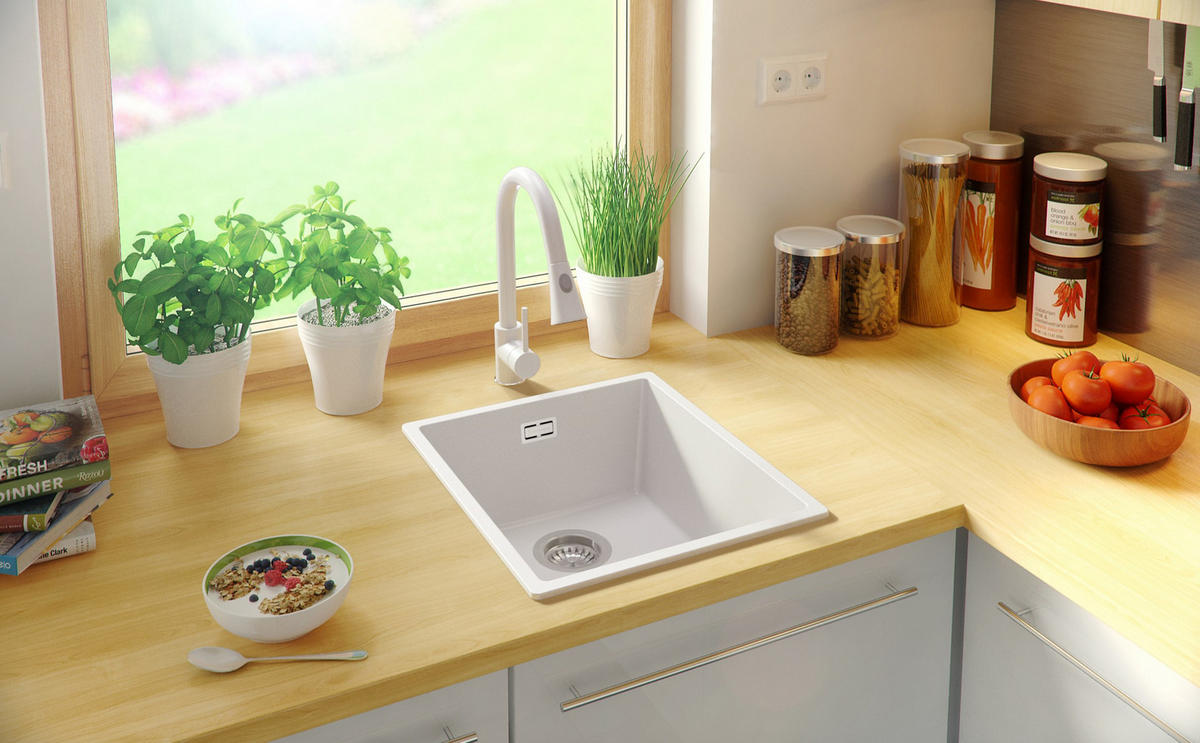 GRANITSPÜLE London Slim, 2-er set Alles Weiß 41/47 cm 1 Becken + Küchenarmatur 32/20 cm + Ablauf-Set ab 45er Unterschrank - Weiß, Kunststoff (41/20/47cm) - Primagran