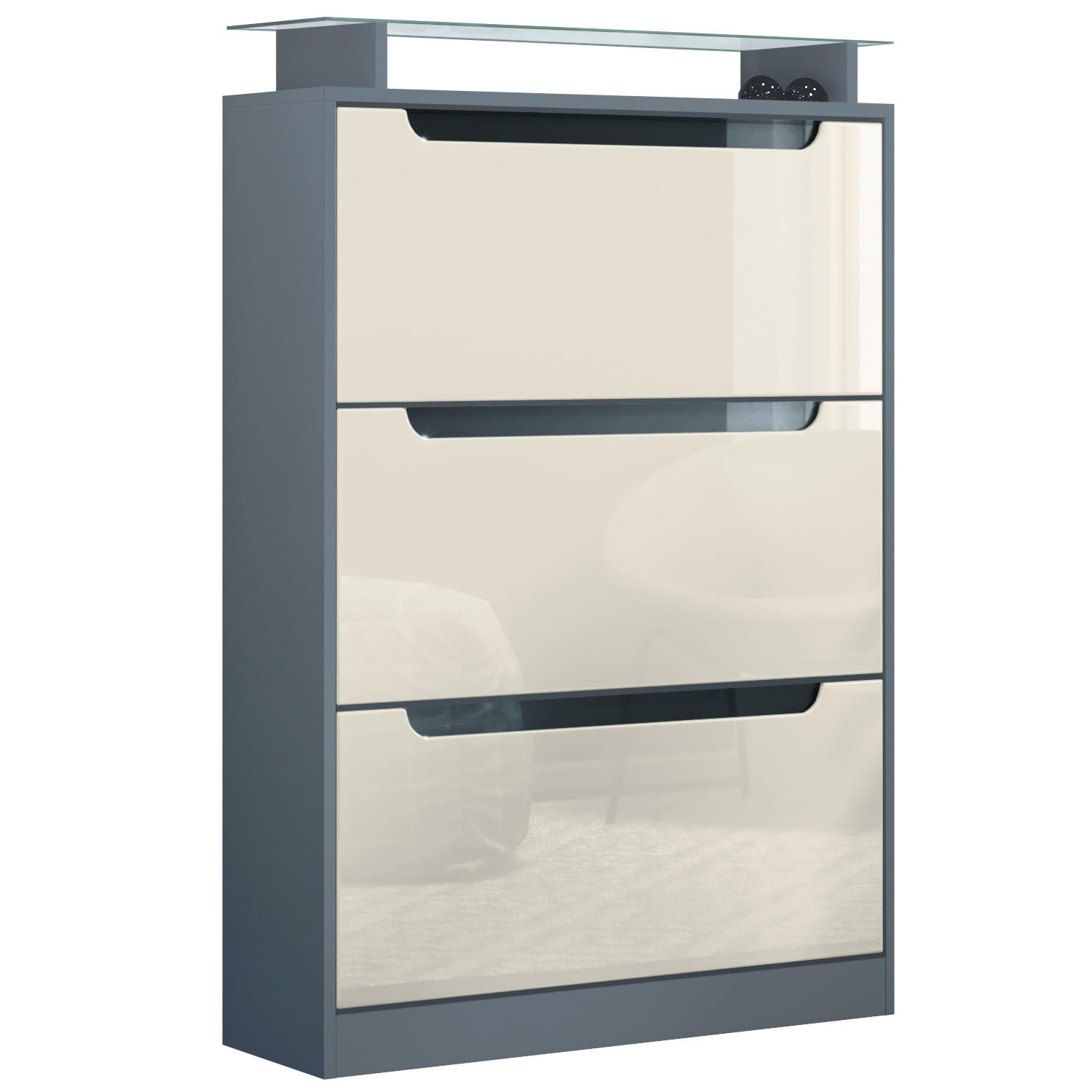SCHUHSCHRANK Space Creme Hochglanz - Creme, Holzwerkstoff (89/128/23cm) - Vladon