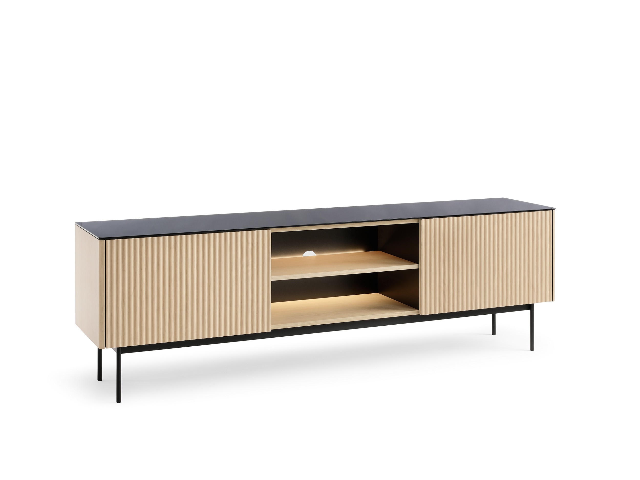 RTV-SCHRANK Rita Vincenza Eiche, zweitürige TV-Tisch mit LED beleuchtung - Eichefarben/Schwarz, Holzwerkstoff (180/57/39cm) - Bettso