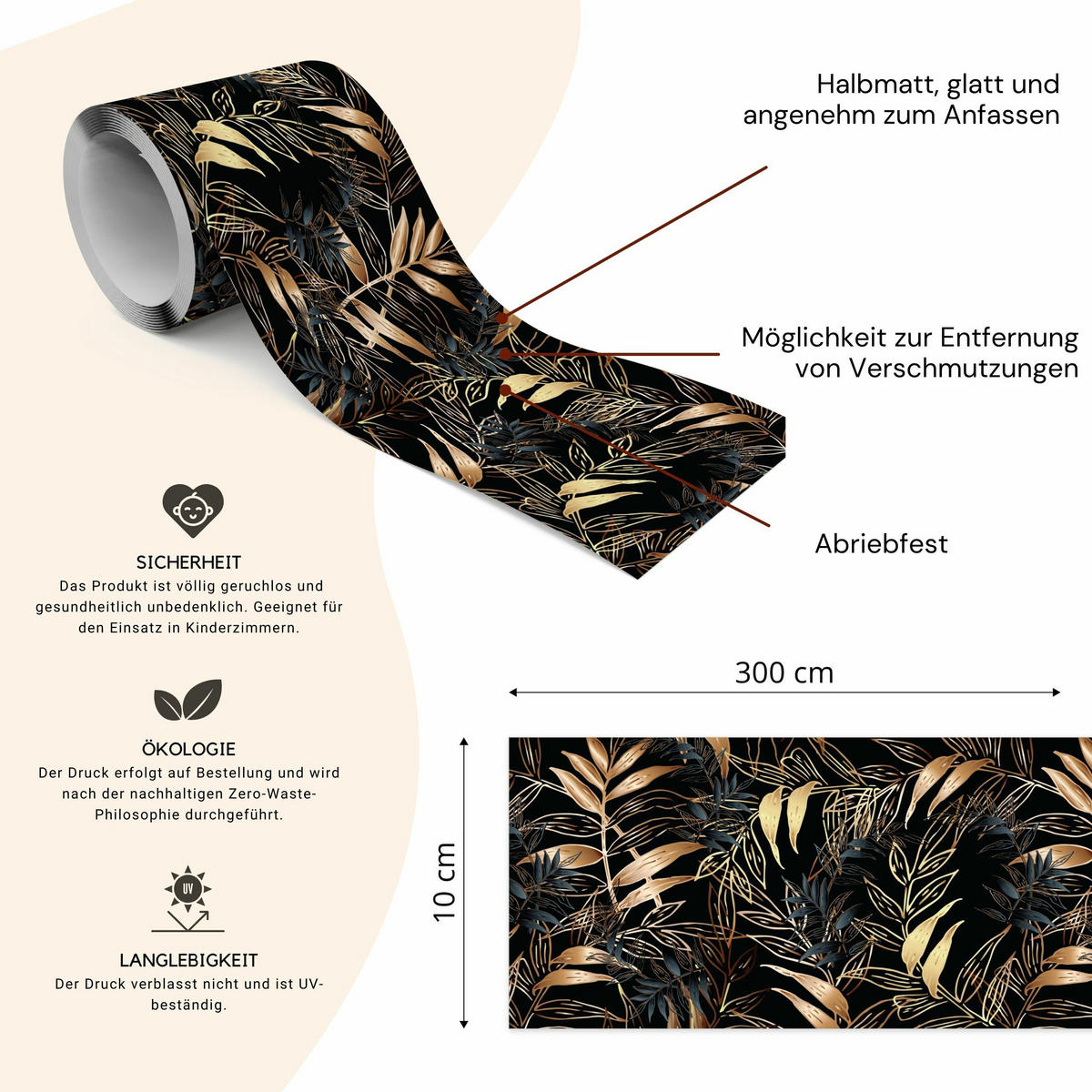 TAPETENBORDÜRE selbstklebend tropische BLÄTTER Pflanzen Glamour Stil - Beige/Schwarz, Papier (10/300/300cm) - Muralo