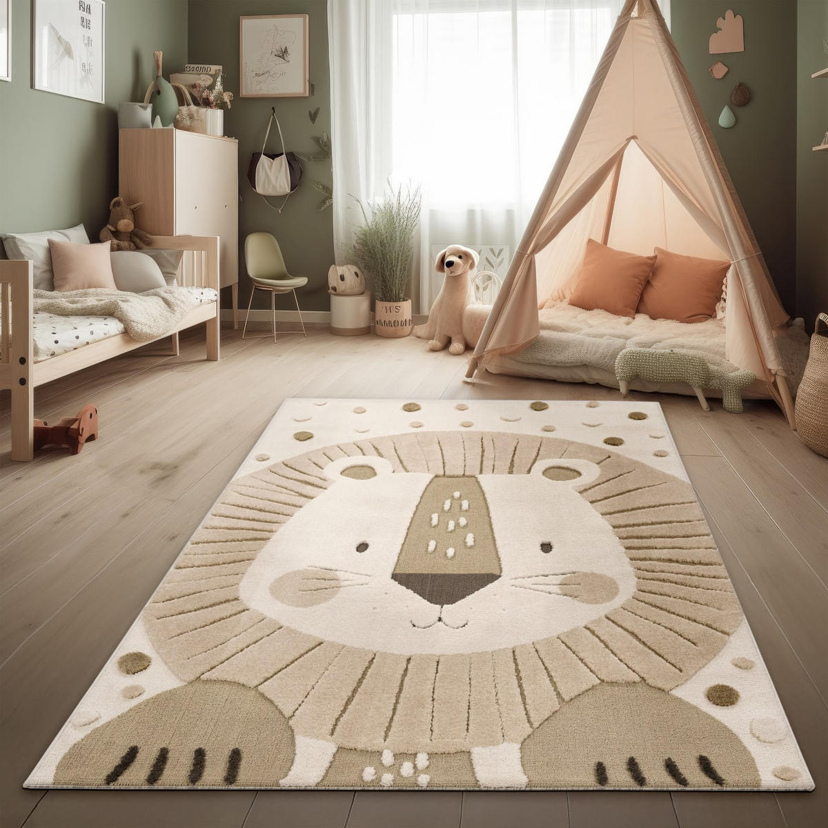 KINDERTEPPICH Löwe Kinderzimmer schmutzabweisend Beige Rechteckig 160x220 - Beige, Textil (160/220cm) - KADIMA DESIGN