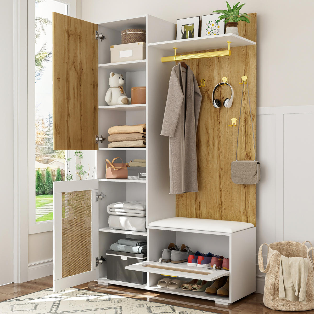 GARDEROBENSET 110/38/190 cm aus MDF und Spanplatte mit Spiegel und LED-Beleuchtung Weiß/Holzoptik - Weiß, Holzwerkstoff (38/190/110cm) - Modenvie