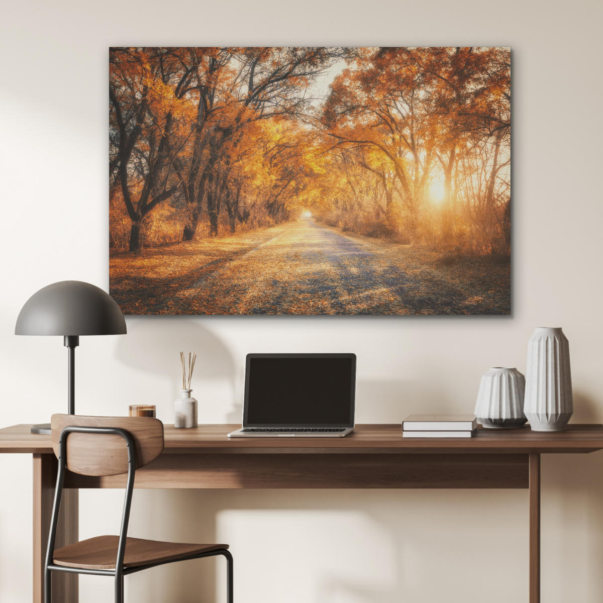 AKUSTIKBILD Wald - Herbst - Bäume - Waldweg - Natur Akustikpaneele 90x60 cm - Bernsteinfarben, Kunststoff (90/60/0.9cm) - MuchoWow