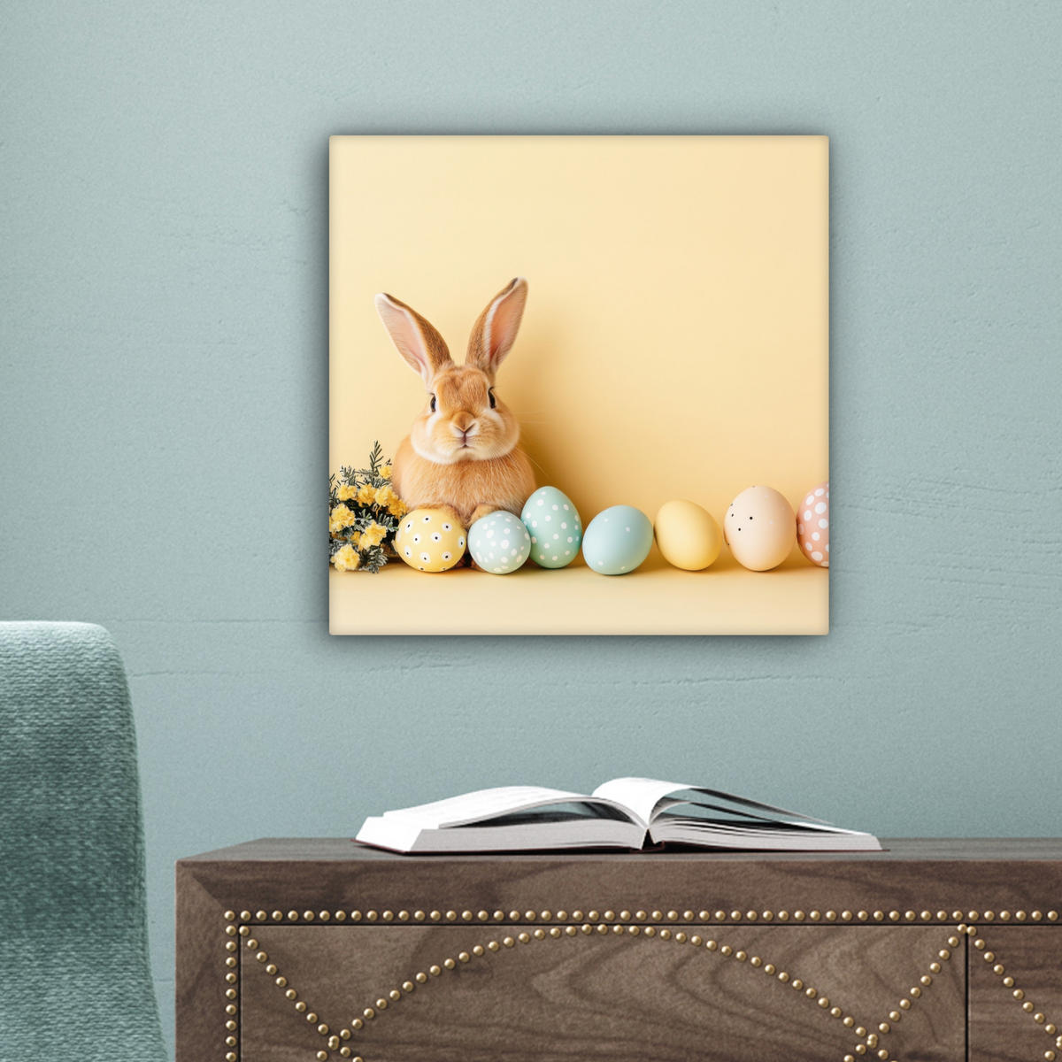 LEINWANDBILD Eier - Kaninchen - Pastellfarbtöne Deko Wohnzimmer 20x20 cm - Hellgelb, Textil (20/20cm) - MuchoWow