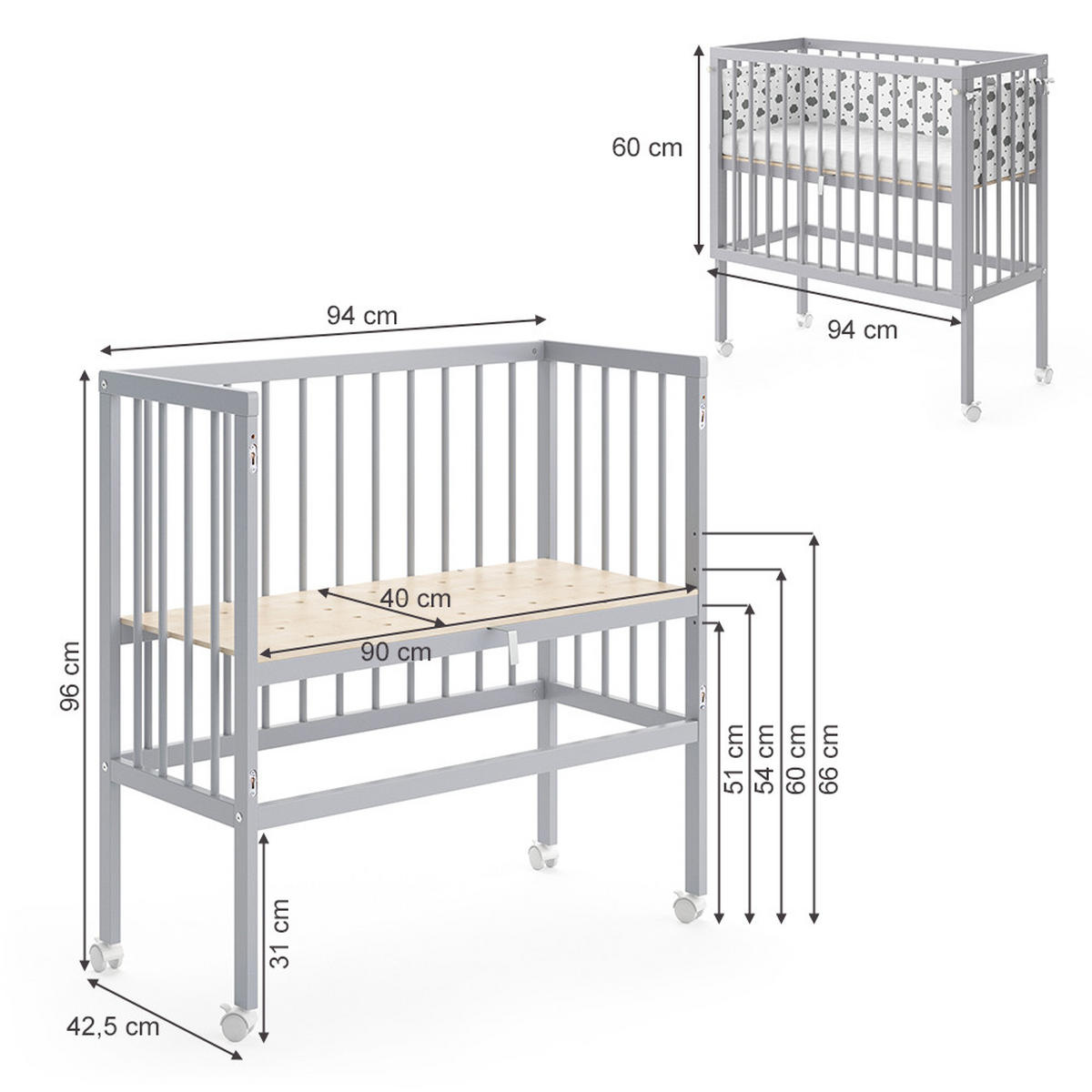 BEISTELLBETT Sophie Grau 94 x 90 cm 2 Seitenschienen - Grau, Holz (40/90cm) - VitaliSpa