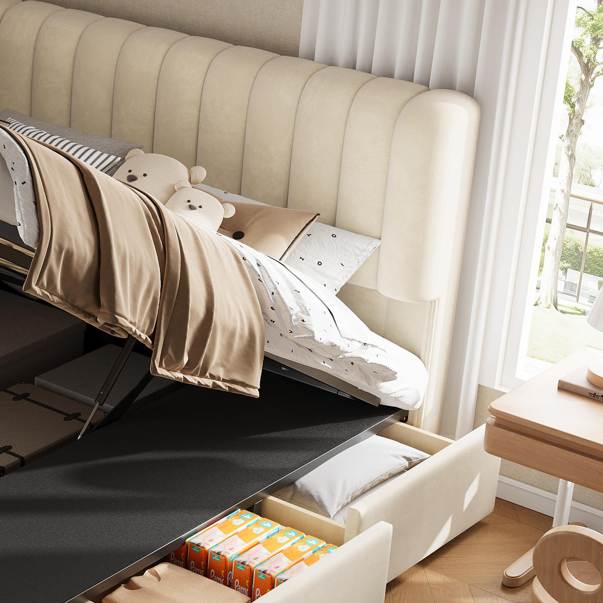 POLSTERBETT 140/200 cm in Beige mit Bettkasten, 3 Schubladen und LED aus Samt - Beige, Holzwerkstoff/Textil - STILVORA