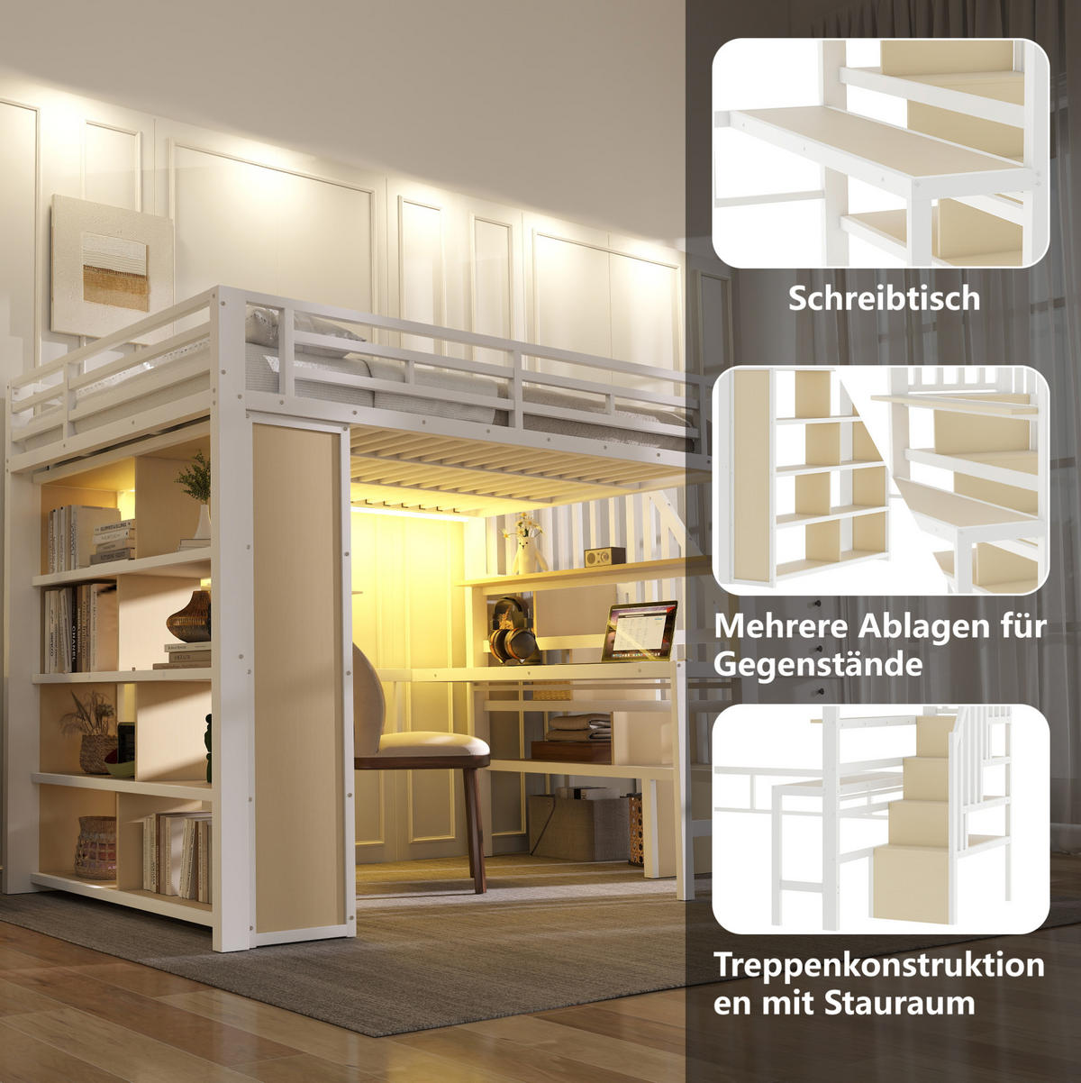 HOCHBETT 140/200 cm aus Metall und MDF mit Schreibtisch, Stauraumtreppe und LED-Lichtleiste, Weiß - Weiß, Metall (140/200cm) - Redom