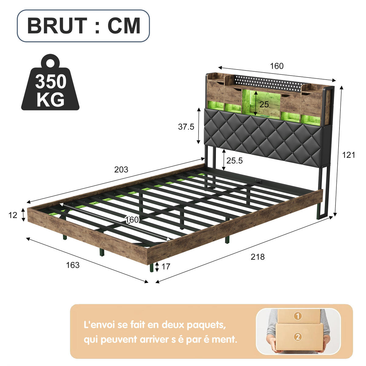 BETT 160x200 cm aus Massivholz, Schwebendes Design, Kopfteil mit Ablageregal und verstecktem Stauraum, LED-Beleuchtung, Lattenrost, - Natur - Naturfarben, Holzwerkstoff (160/200cm) - Brevoria