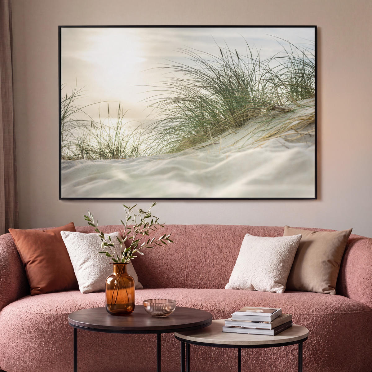 LEINWAND Bilder mit Rahmen - Dünen mit Strandhafer in der Sonne des Nationalparks Schleswig-Holsteinisches Wattenmeer - 150x100 - Creme, Textil (150/100cm) - MuchoWow