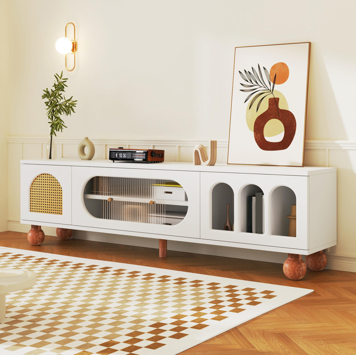 TV-ELEMENT mit Glasschiebetür 170 x 47 x 37 cm Weiß Holzoptik - Weiß, Holzwerkstoff (37/47/170cm) - Beauniv