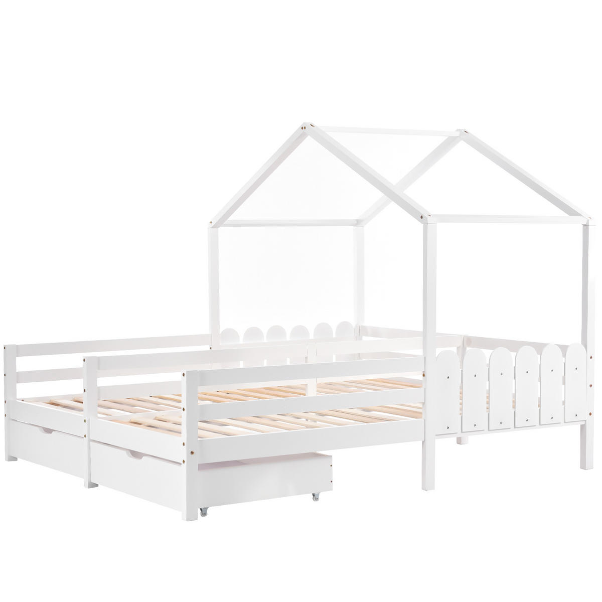 HAUSBETT 90x200 cm, mit Tisch, Kleiderschrank & 4-stufiger Leiter, Eisen, weiß/natur - Weiß, Holz (180/200cm)