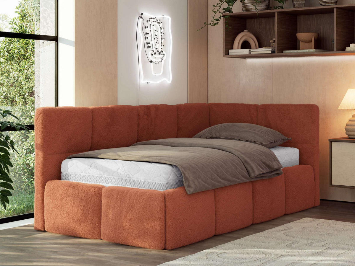 JUGENDBETT ARVO 90/200 - Orange Plüsch - Pocket-Matratze - Rechts Seite - Orange, Textil (90/200cm) - MKS