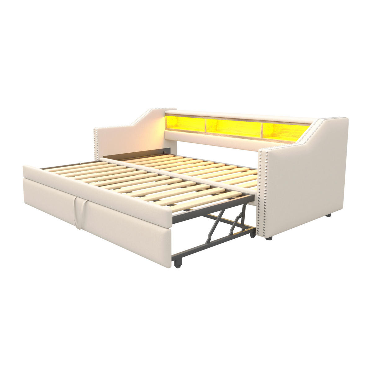 SCHLAFSOFA 90/190 cm ausziehbar mit LED, Matratze,USB, Ablagefächern und Leinenbezug, Beige - Beige, Textil (102/74/203.5cm) - Redom